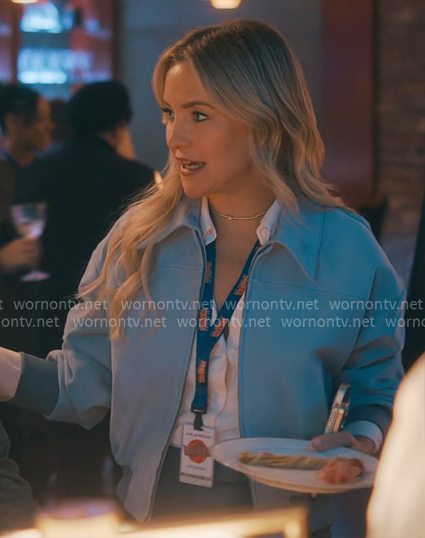 Isla's blue suede bomber jacket on Running Point