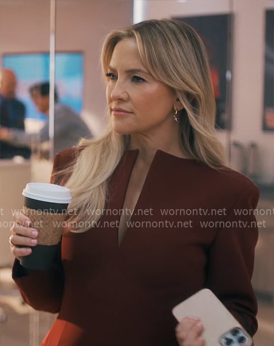 Isla’s burgundy split-neck dress on Running Point