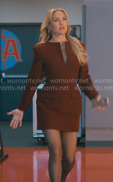 Isla's burgundy split-neck dress on Running Point