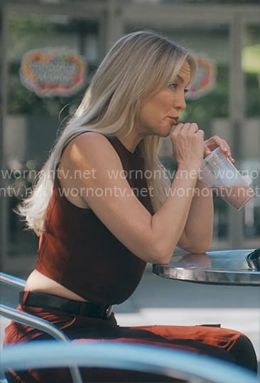 Isla's burgundy suede top and pants set on Running Point