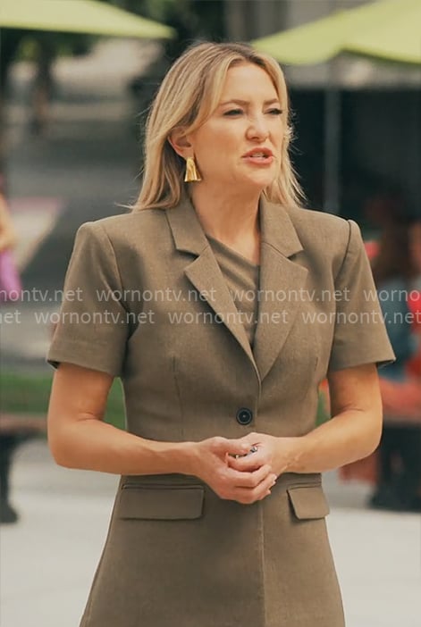 Isla's olive suit with one shoulder top on Running Point