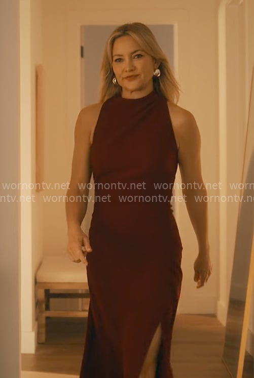 Isla's purple long dress with split on Running Point