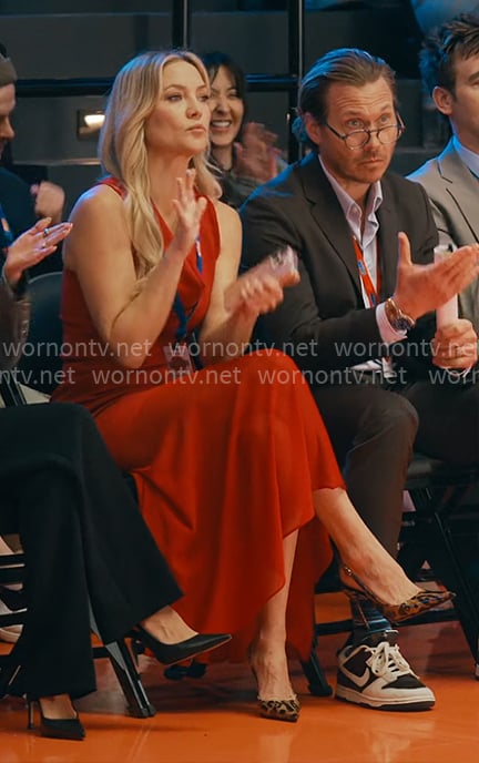 Isla’s red cowl neck dress and leopard heels on Running Point