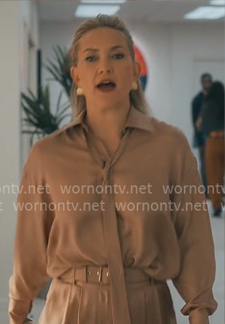 Isla's taupe tie neck blouse and pants on Running Point