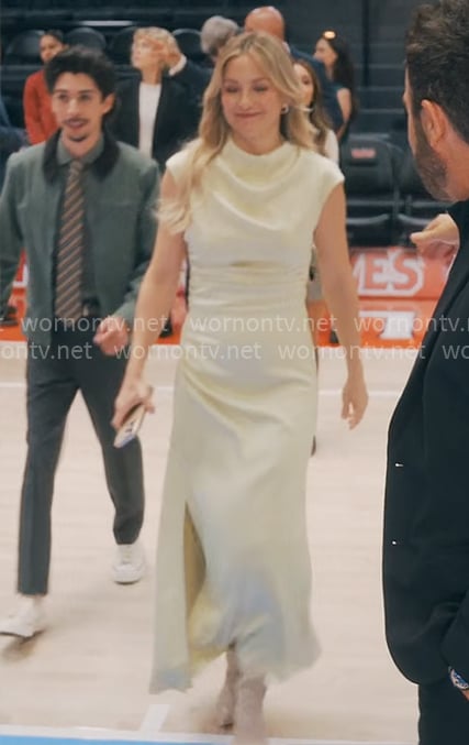 Isla’s yellow satin maxi dress on Running Point