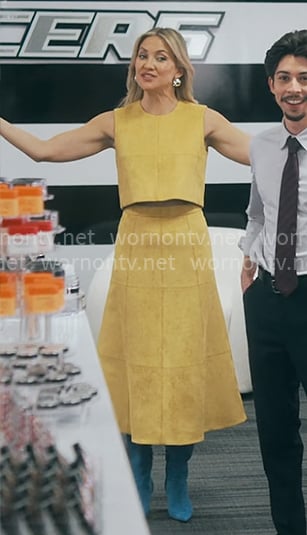 Isla's yellow suede crop top and skirt set on Running Point