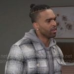 Izaiah’s white plaid shirt jacket on Beyond the Gates