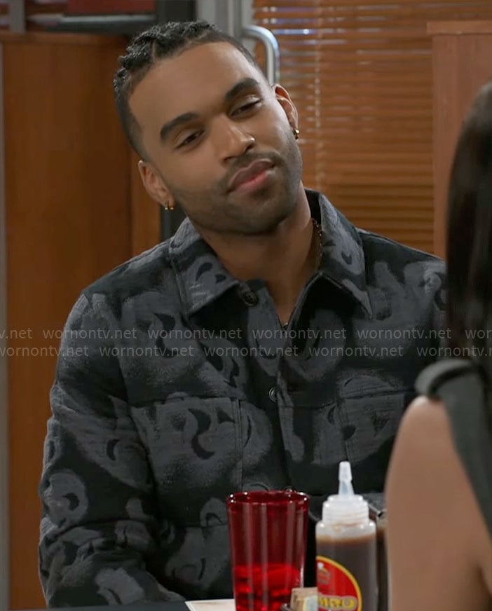 Izaiah’s black and grey printed jacket on Beyond the Gates