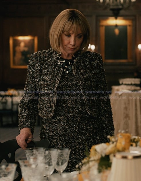 Izzy's black tweed jacket and dress on Elsbeth