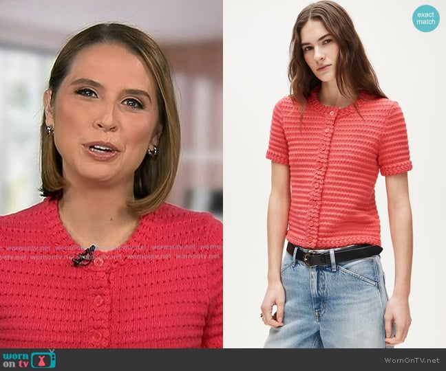 Elizabeth’s pink crochet cardigan top on GMA
