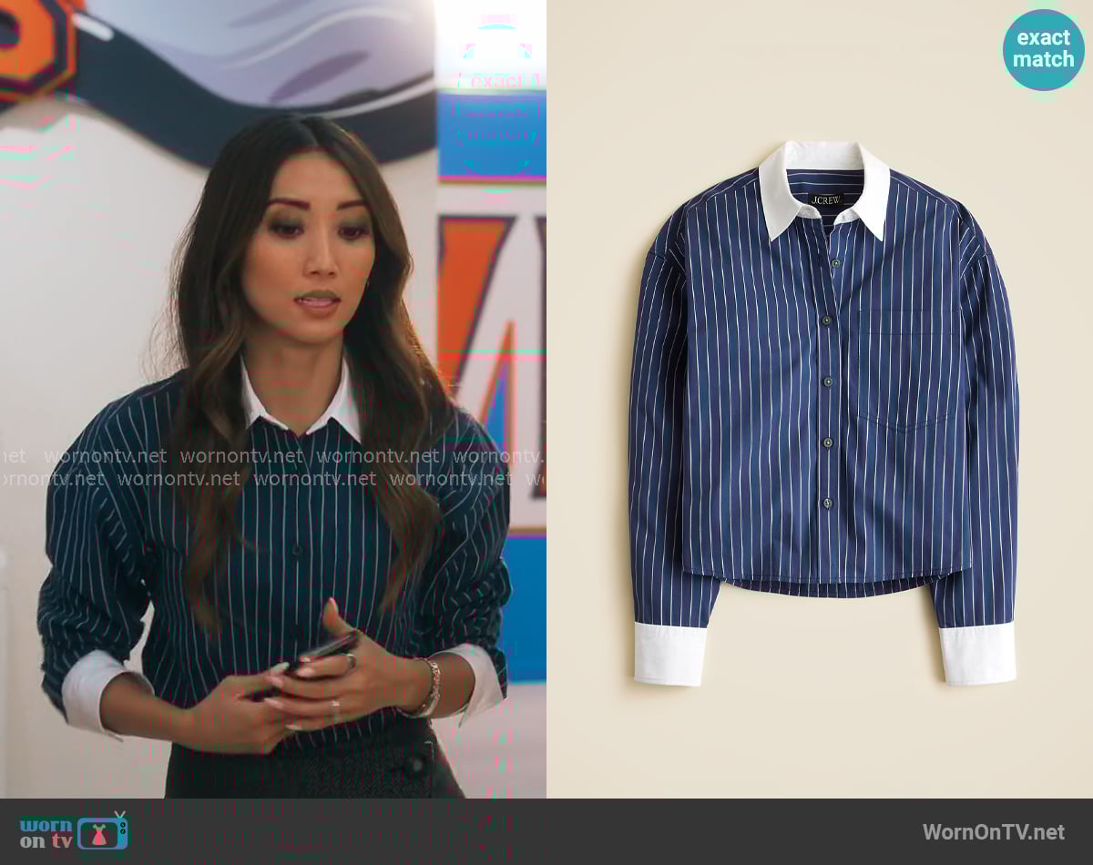 J. Crew Étienne cropped button-up shirt in striped cotton poplin worn by Ali Lee (Brenda Song) on Running Point