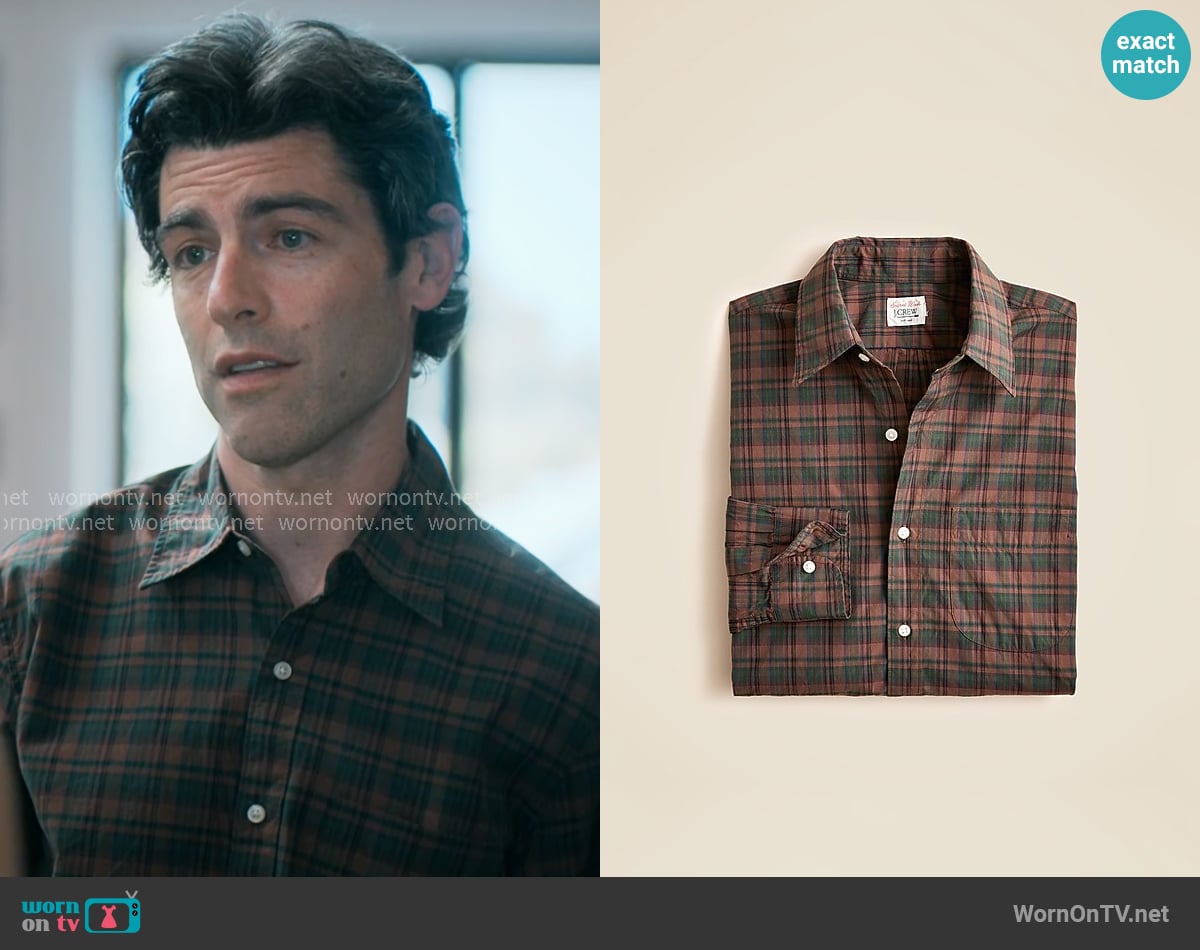J. Crew Slim Secret Wash cotton poplin shirt with point collar in Victor Brown Green worn by Lev Levenson (Max Greenfield) on Running Point