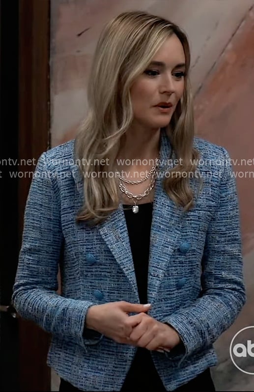 Jacinda’s blue tweed blazer on General Hospital