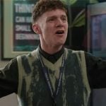 Jacob’s green abstract print vest on Abbott Elementary