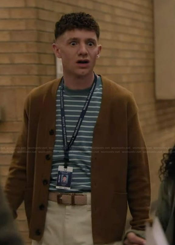 Jacob's blue stripe tee on Abbott Elementary