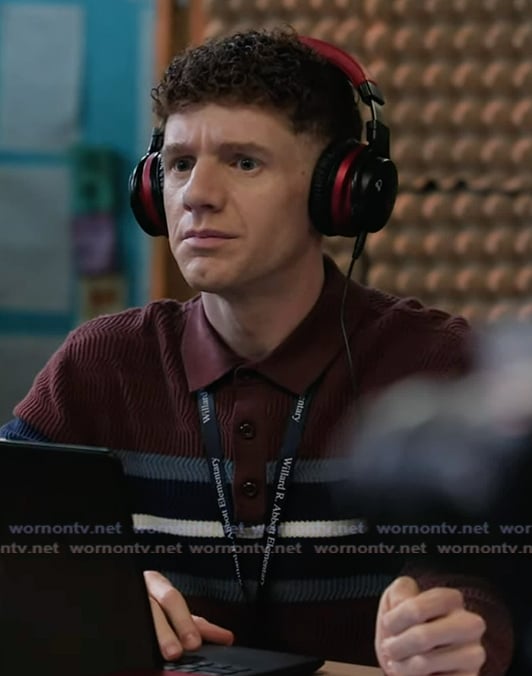 Jacob's burgundy stripe sweater polo  on Abbott Elementary