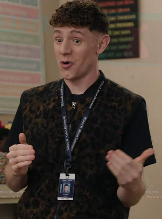 Jacob's leopard print vest on Abbott Elementary