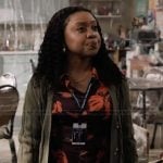 Janine’s black floral print shirtdress on Abbott Elementary