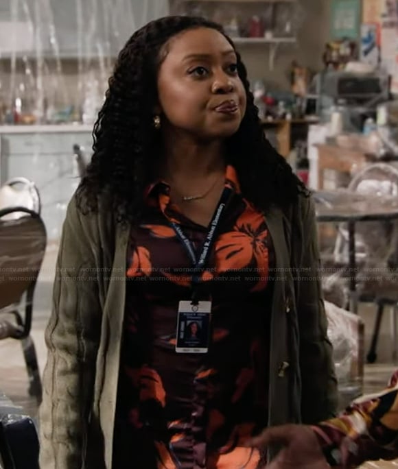 Janine's black floral print shirtdress on Abbott Elementary