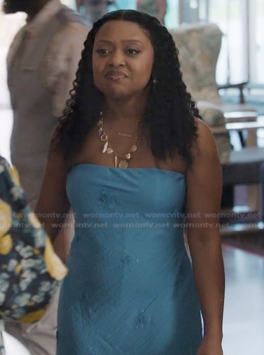 Janine's blue strapless dress on Abbott Elementary