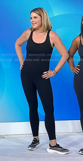 Jenna's black active jumpsuit and sneakers on Today