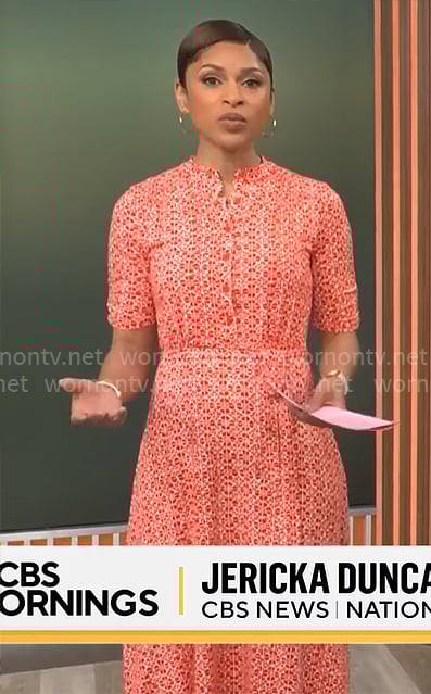 Jericka Duncan’s red printed dress on CBS Mornings