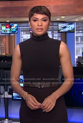 Jericka’s brown sleeveless turtleneck dress and belt on CBS Evening News
