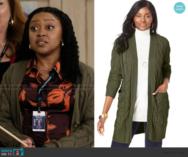 Jessica London Cable Duster Sweater worn by Janine Teagues (Quinta Brunson) on Abbott Elementary