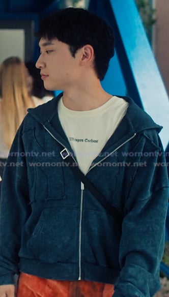 Jin's blue embroidered hoodie on XO Kitty