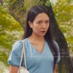 Jiwon’s blue v-neck puff sleeve dress on XO Kitty