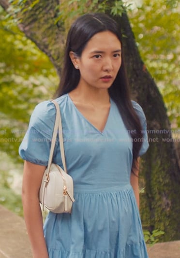 Jiwon's blue v-neck puff sleeve dress on XO Kitty