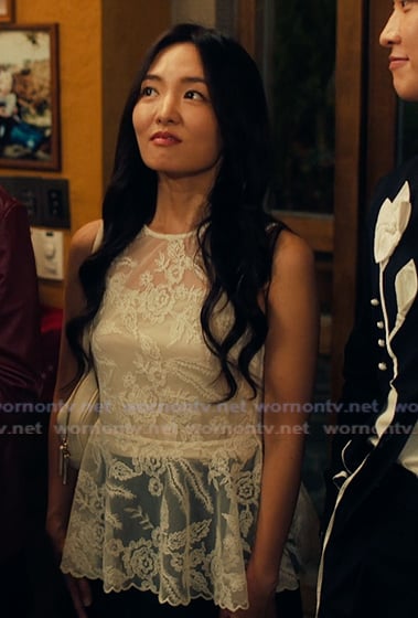 Jiwon’s white lace top on XO Kitty