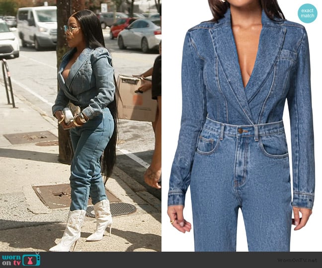 Jluxlabel Dominica Denim Blazer Bodysuit worn by Kimberly Michelle Pate on The Real Housewives of Atlanta