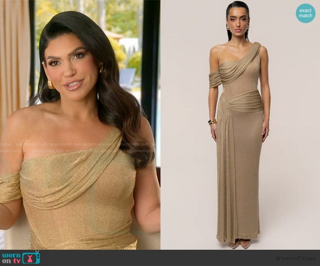 JluxLabel Gold Draped Metallic Maxi Dres worn by Jo-Ellen Tiberi on The Real Housewives of Rhode Island
