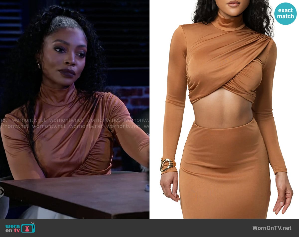 JLuxLabel Nessa Top in Copper worn by Lynette Wise (Dominique Madison) on Beyond the Gates