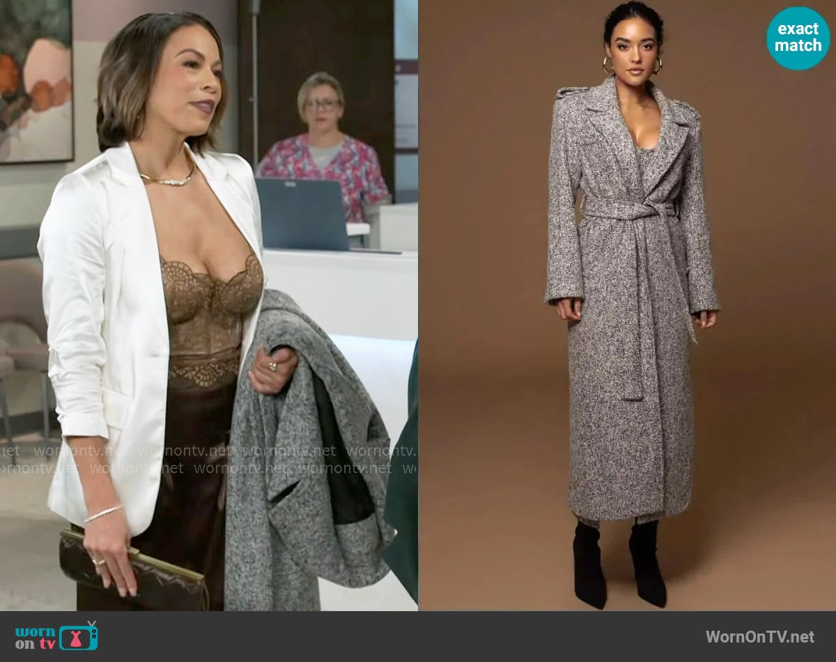 JLuxLabel Savannah Belted Tweed Coat worn by Nicole Dupree Richardson (Daphnee Duplaix) on Beyond the Gates