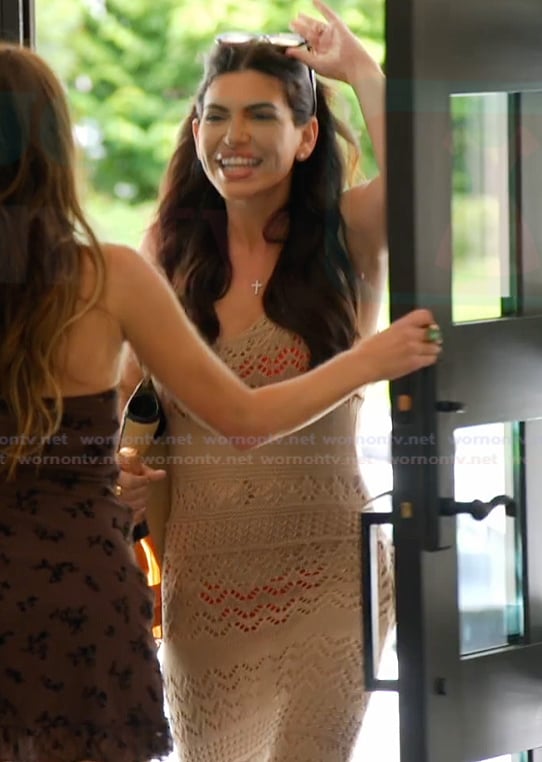 Jo-Ellen's beige crochet knit dress on The Real Housewives of Rhode Island