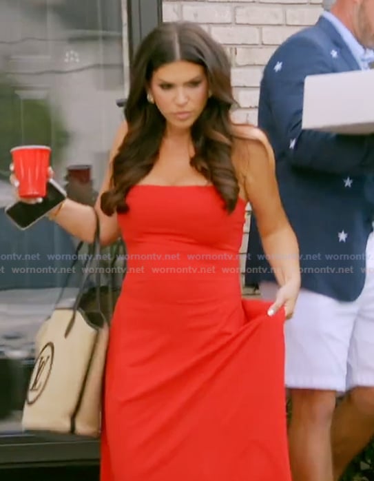 Jo_Ellen’s red off shoulder dress on The Real Housewives of Rhode Island