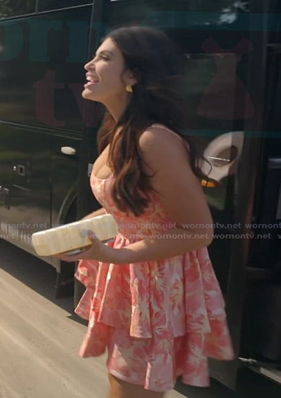 Joe-Ellen's pink floral ruffle mini dress on The Real Housewives of Rhode Island