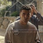 Josh’s grey cat print sweater on Beef