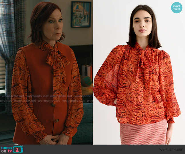 Joy the Store Boo Rosechild Tie Neck Blouse in Apricot worn by Elsbeth Tascioni (Carrie Preston) on Elsbeth