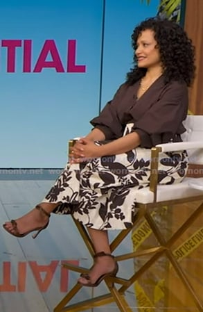 Judy Reyes’s brown blouse and ivory floral skirt on Good Morning America