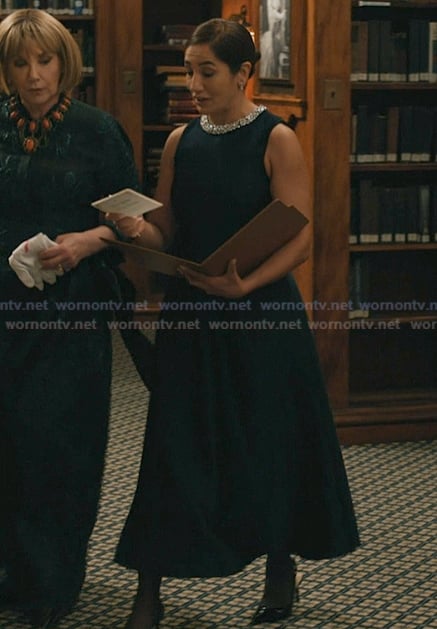 Jules' black embellished neckline dress on Elsbeth