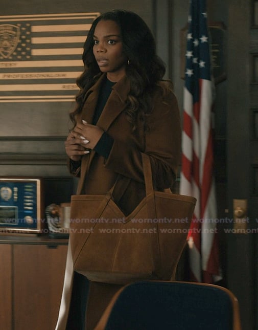 Julia's brown suede tote on Elsbeth