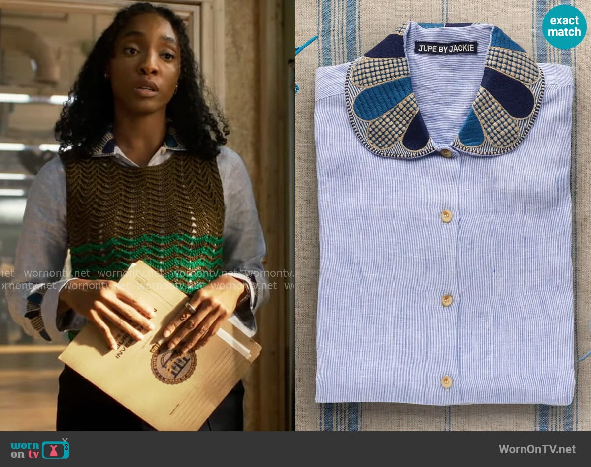 Jupe by Jackie Alexa Shirt in Blue worn by Faith Mitchell (Iantha Richardson) on Will Trent