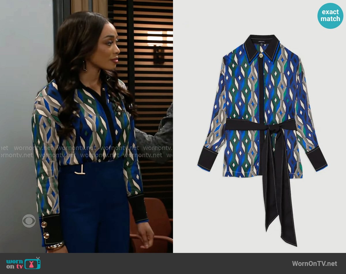 Karen Millen Amelia Graham Printed Viscose Satin Tie Waist Blouse worn by Madison Montgomery (Kenjah) on Beyond the Gates