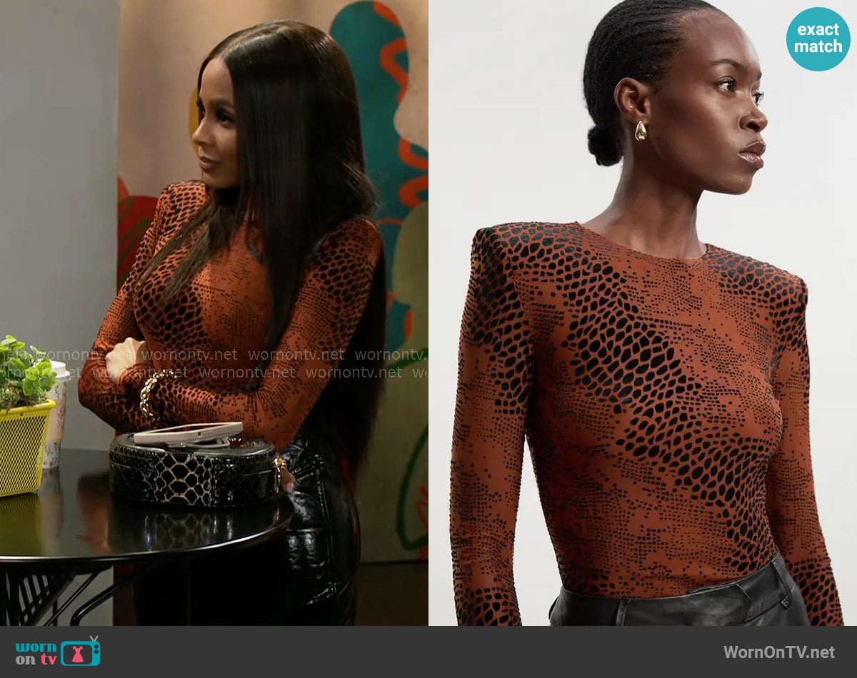 Karen Millen Animal Stretch Velvet Devore Crew Neck Bodysuit worn by Hayley Lawson (Marquita Goings) on Beyond the Gates