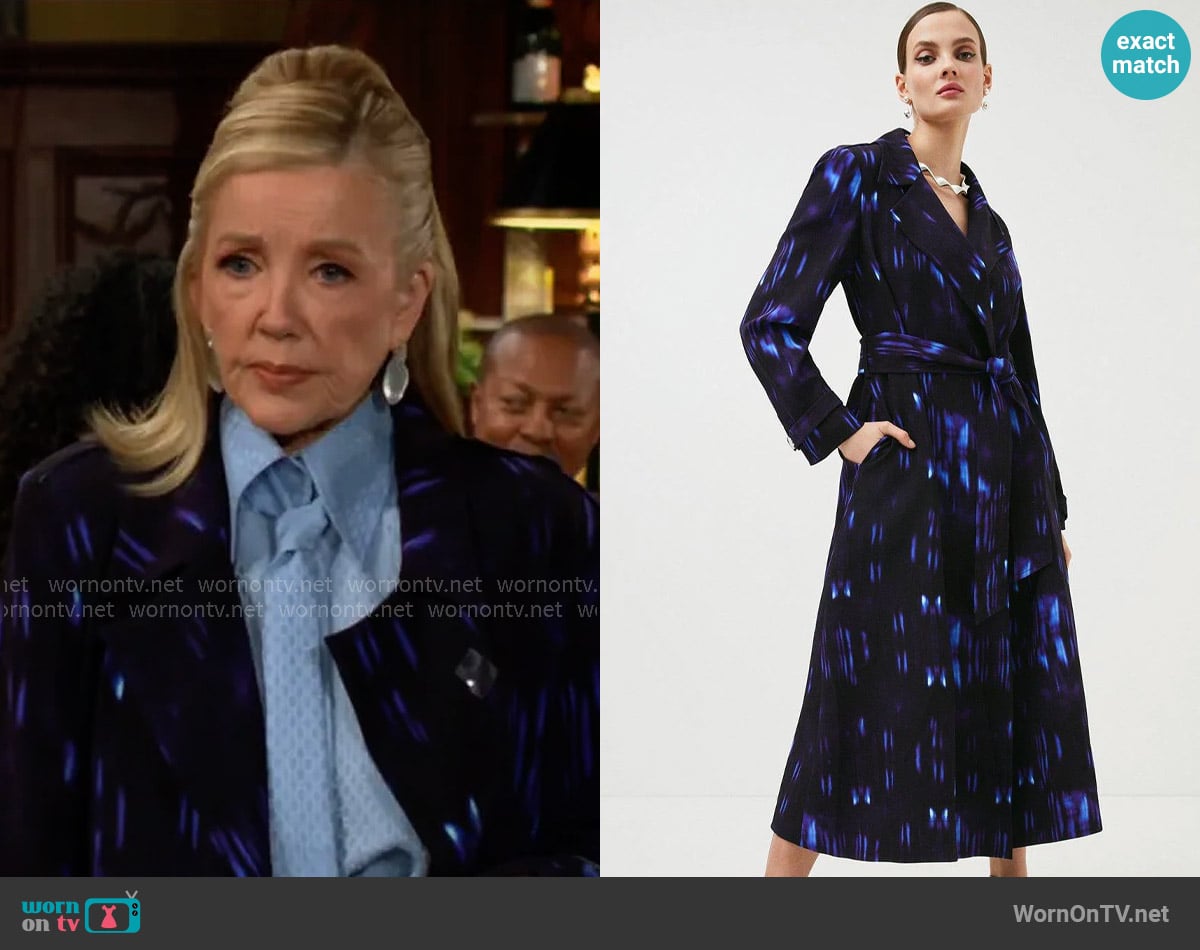 Karen Millen Relentless Satin Back Crepe Woven Trench worn by Nikki Reed Newman (Melody Thomas-Scott) on The Young and the Restless