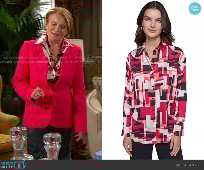 Karl Lagerfeld Paris Satin Printed Oversized Button-Front Top worn by Bonnie Lockhart (Judi Evans) on Days of our Lives