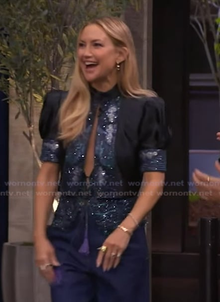 Kate Hudson’s blue embellished crop top on Live with Kelly and Mark